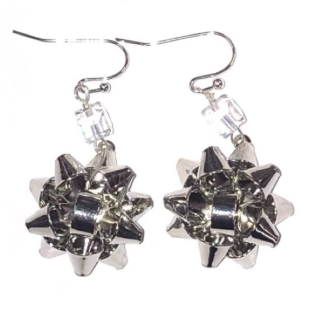 HANDCRAFTED SILVER Metallic Starburst Bow And Square CRYSTAL Glass BEAD Earrings